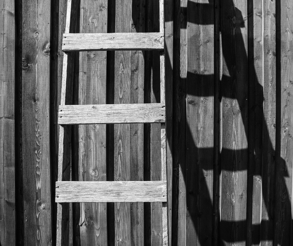 A ladder resting against a wooden surface, with its shadow reflected upon it in, in black and white.