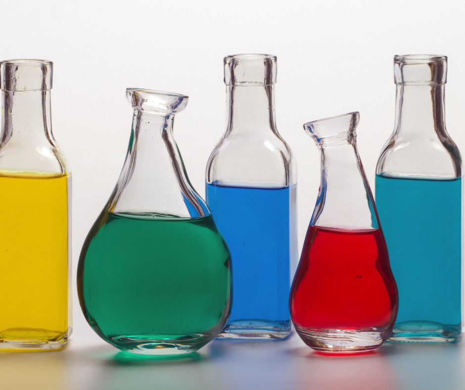 Glass tubes containing different coloured chemicals.