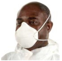 A man wearing a disposable half mask breathing apparatus with a particle filter.