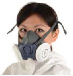 A lady wearing a reusable half mask breathing apparatus with a particle filter.