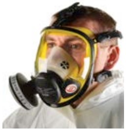 A person wearing a full face mask breathing apparatus with a particle filter.