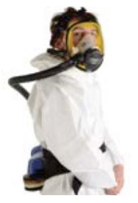 A man wearing a powered hood breathing apparatus.
