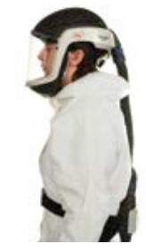 A man wearing a powered helmet breathing apparatus.