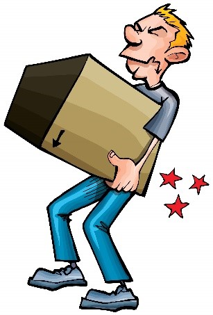 Illustration of a man injuring himself from carrying a cardboard box.