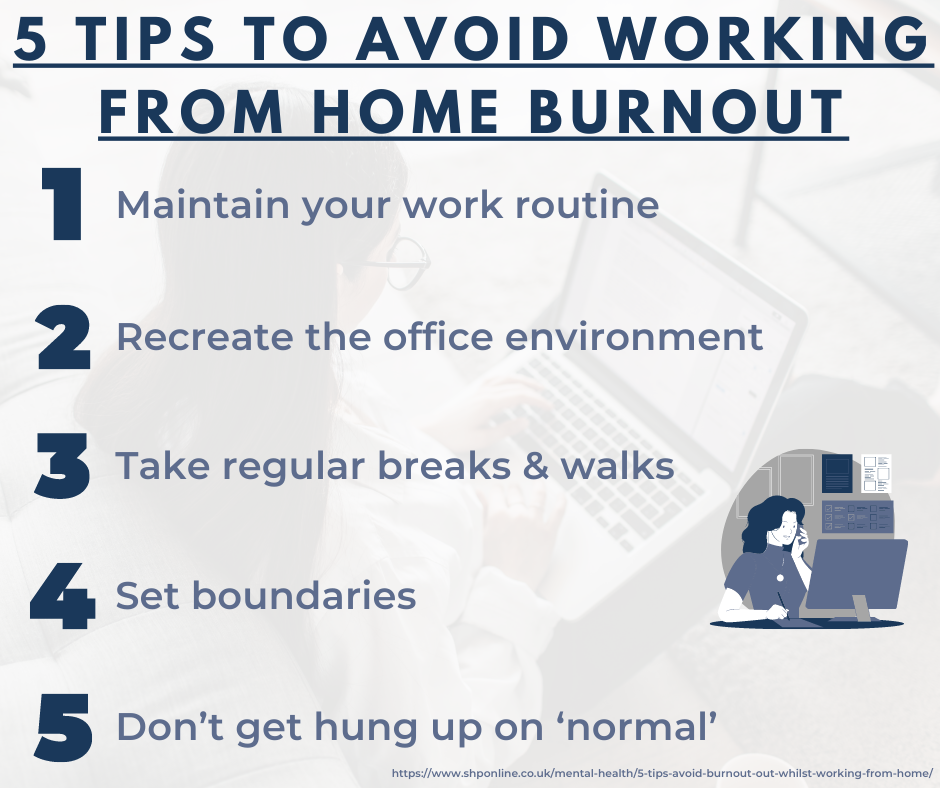 5 tips to avoid working from home burnout inforgraphic reading "1. Maintain your work routine 2. Recreate the office environment 3. Take regular breaks & walks 4. Set boundaries 5. Don’t get hung up on ‘normal’".