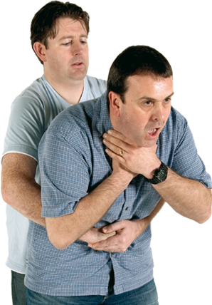 A man performing abdominal thrusts on another man who is choking.