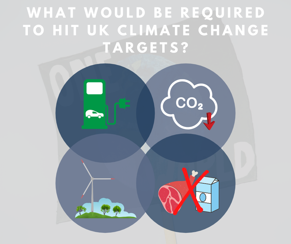 What Would Be Required to Hit UK Climate Change Targets graphic, including illustrations representing electric cars, low carbon heating, renewable electricity and less meat and dairy.