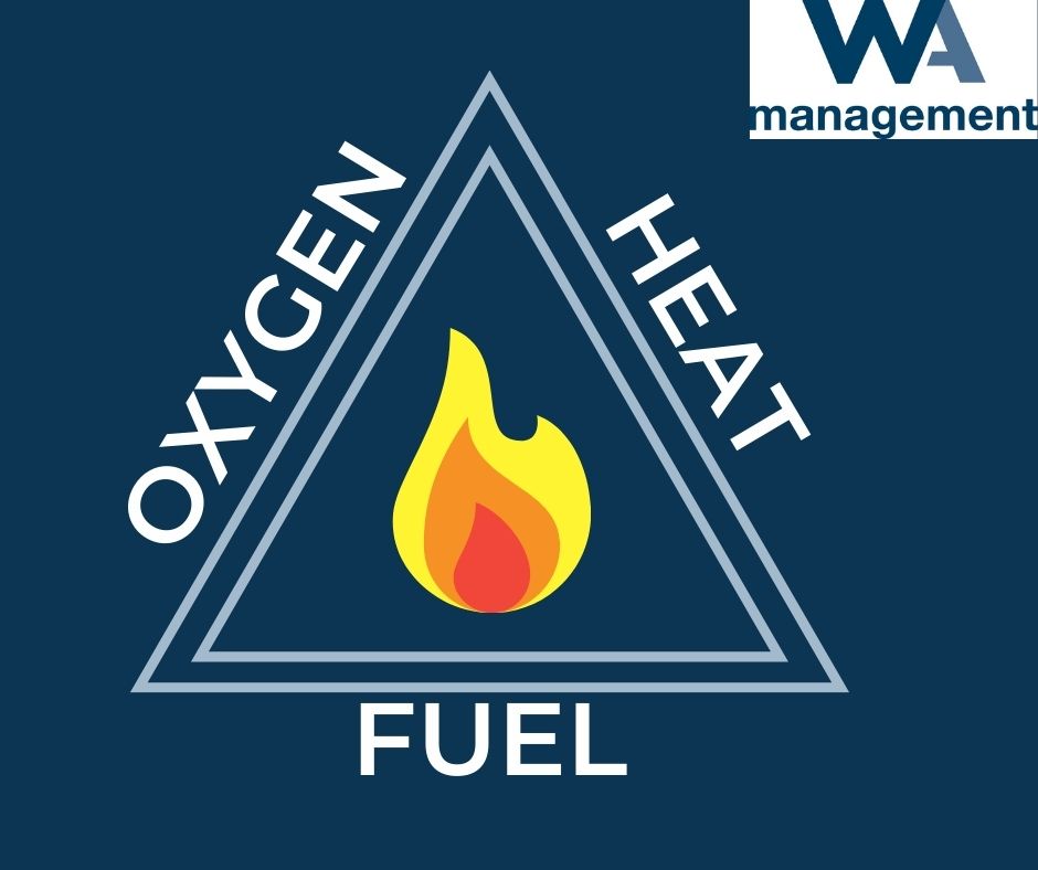 fire triangle - oxygen, heat fuel. Fire icon in the middle of the triangle