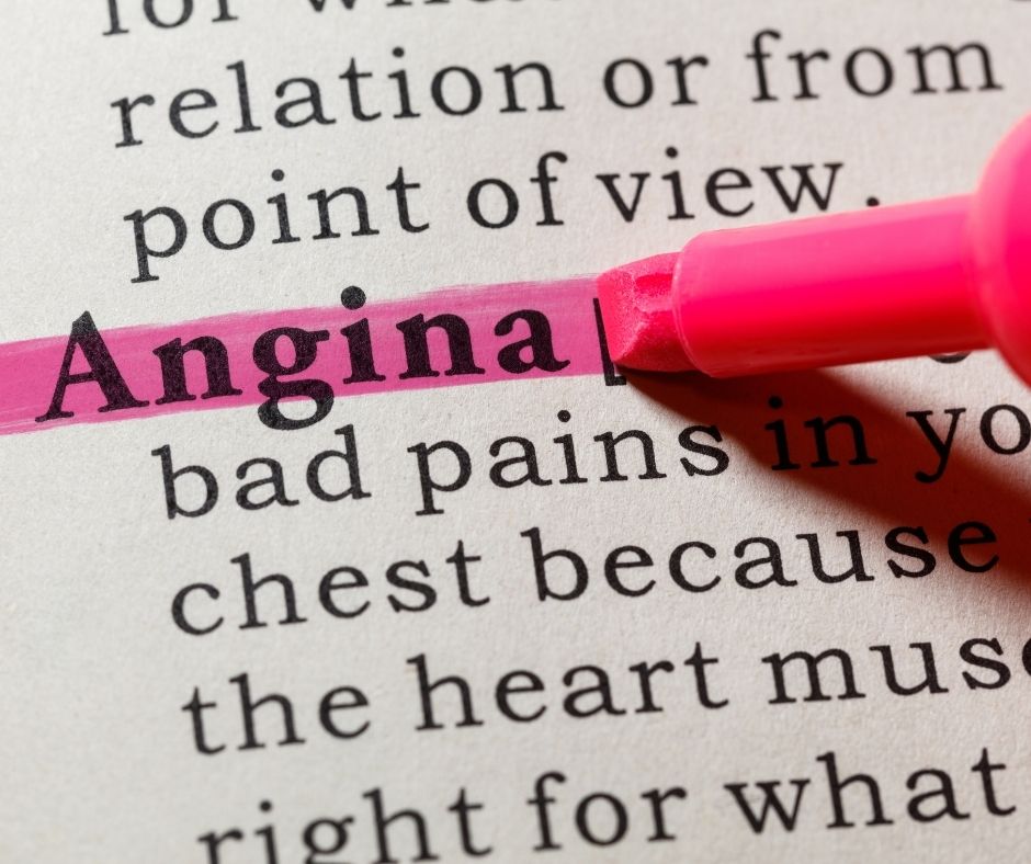 Dictionary entry for 'angina' highlighted in pink