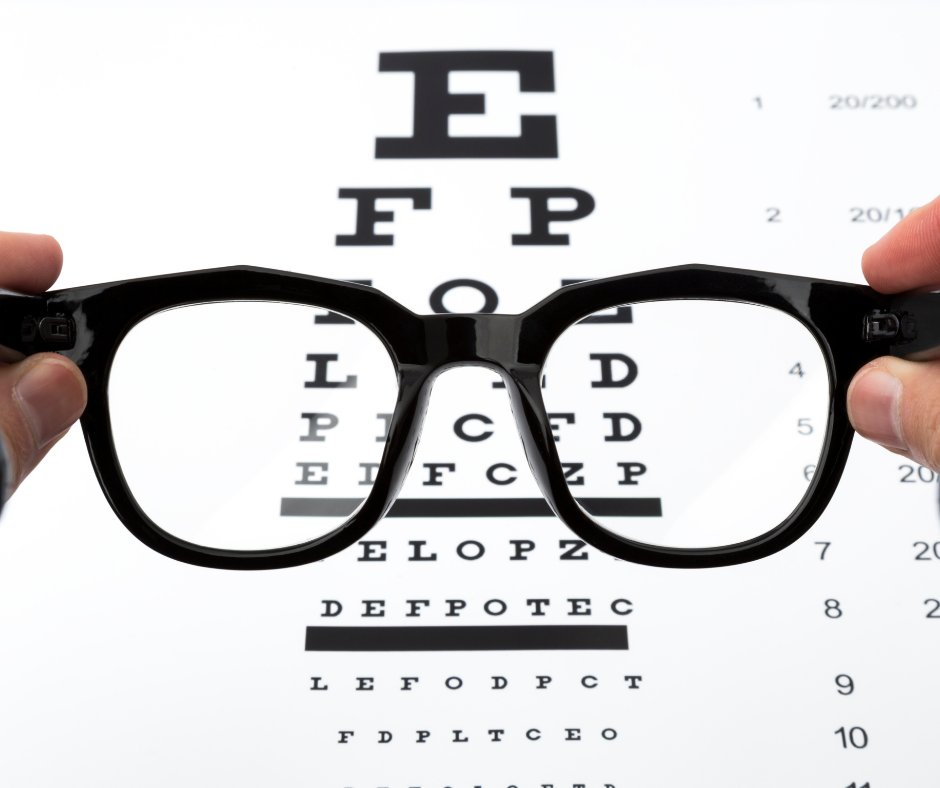 Glasses in front of eye test chart