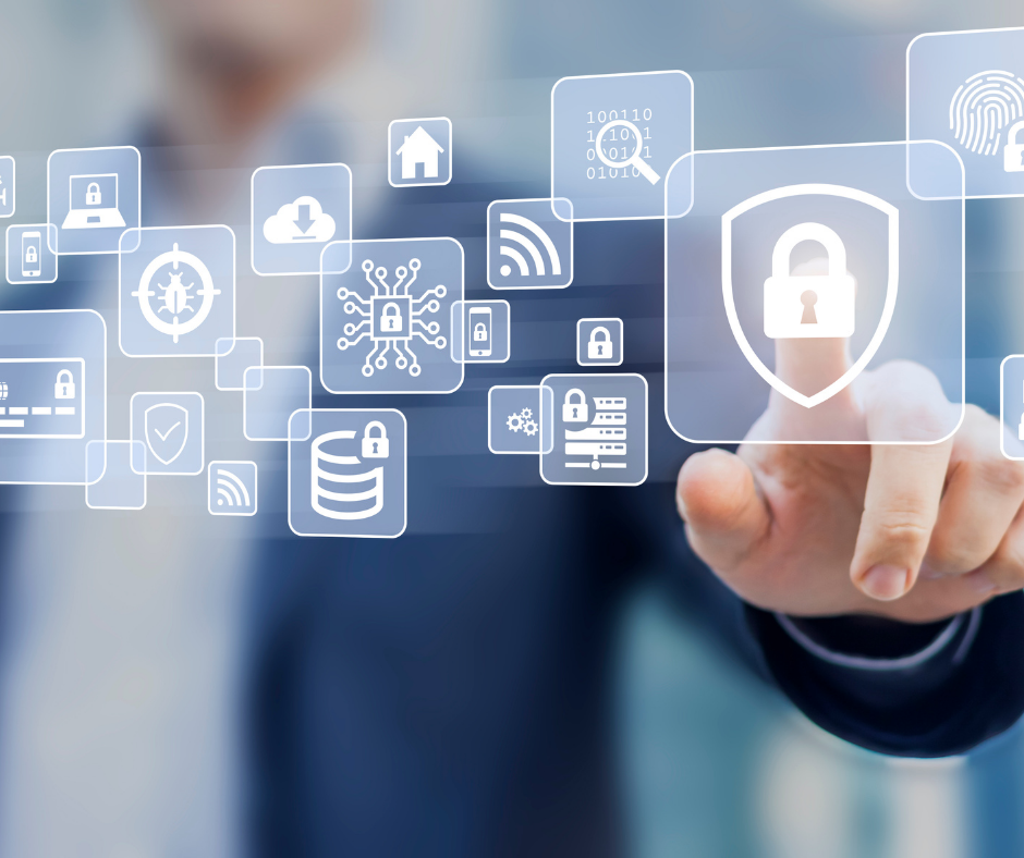 Finger pointing at cyber security icons