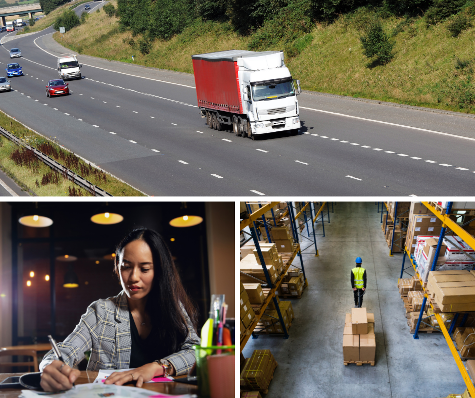 lone workers - HGV driver, woman in office and worker in warehouse
