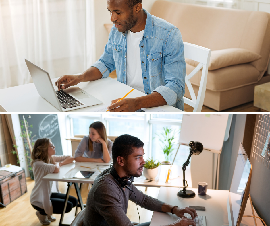Two photos, top photo shows man working from home, bottom shows several people working in an office