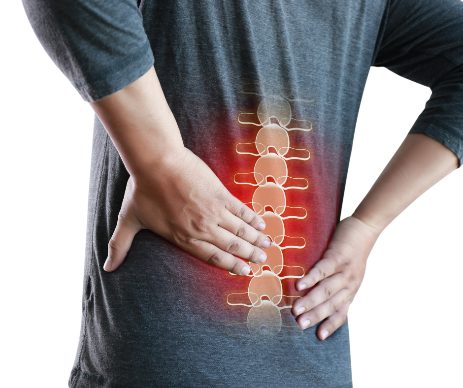 Man holding his back with an image of the lower spine superimposed over him