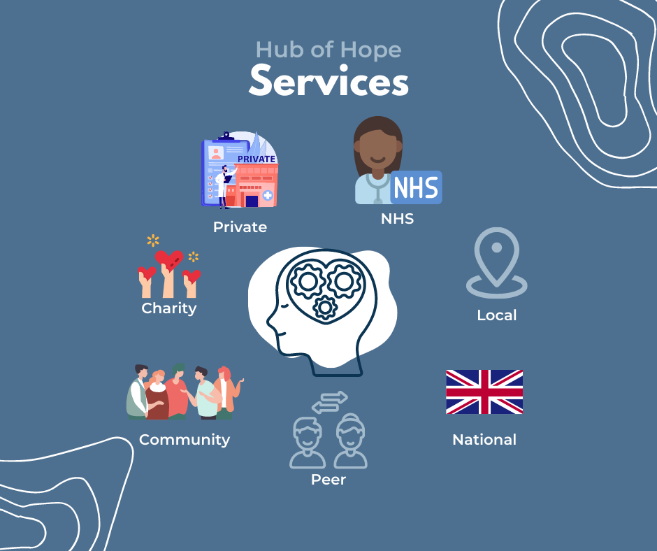 Infographic summarising the services provided by Hub of Hope as described in the text