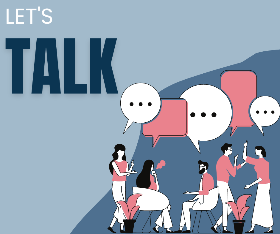 Graphic of 5 cartoon people talking, with big text spelling out 'let's talk'
