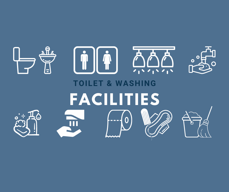 Toilet and washing facilities infographic with icons representing the requirements outlined in text (toilet paper, soap etc)