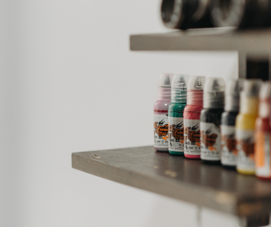 Tattoo inks on a shelf