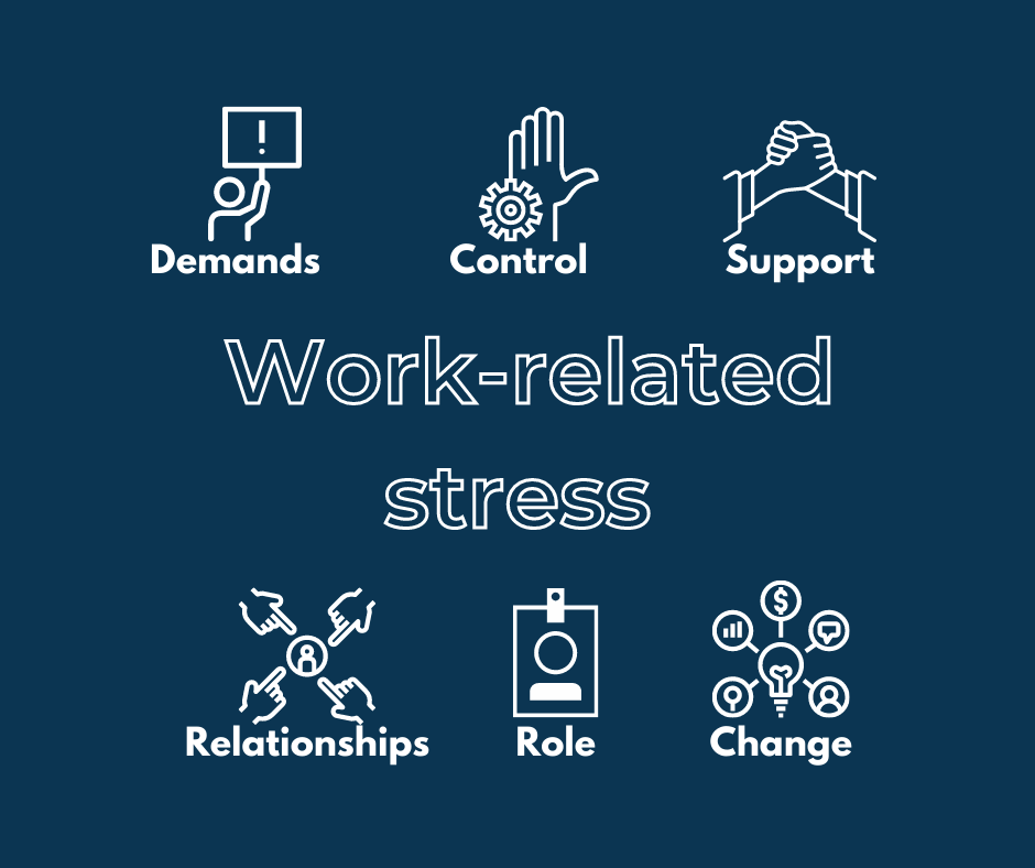 Infographic of the 6 factors affecting work related stress as described in text