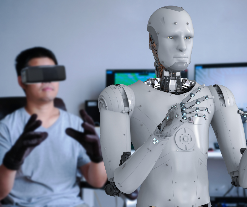 Person controlling robot with VR