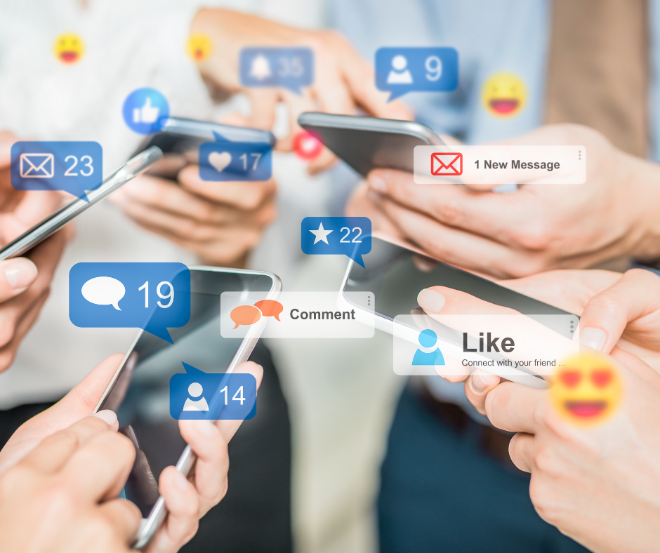 Social media overlaid over photo of people holding mobile phones