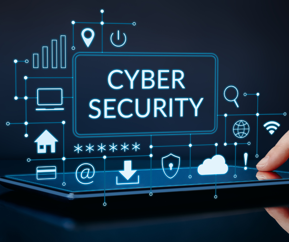 'cyber security' surrounded by technology symbols