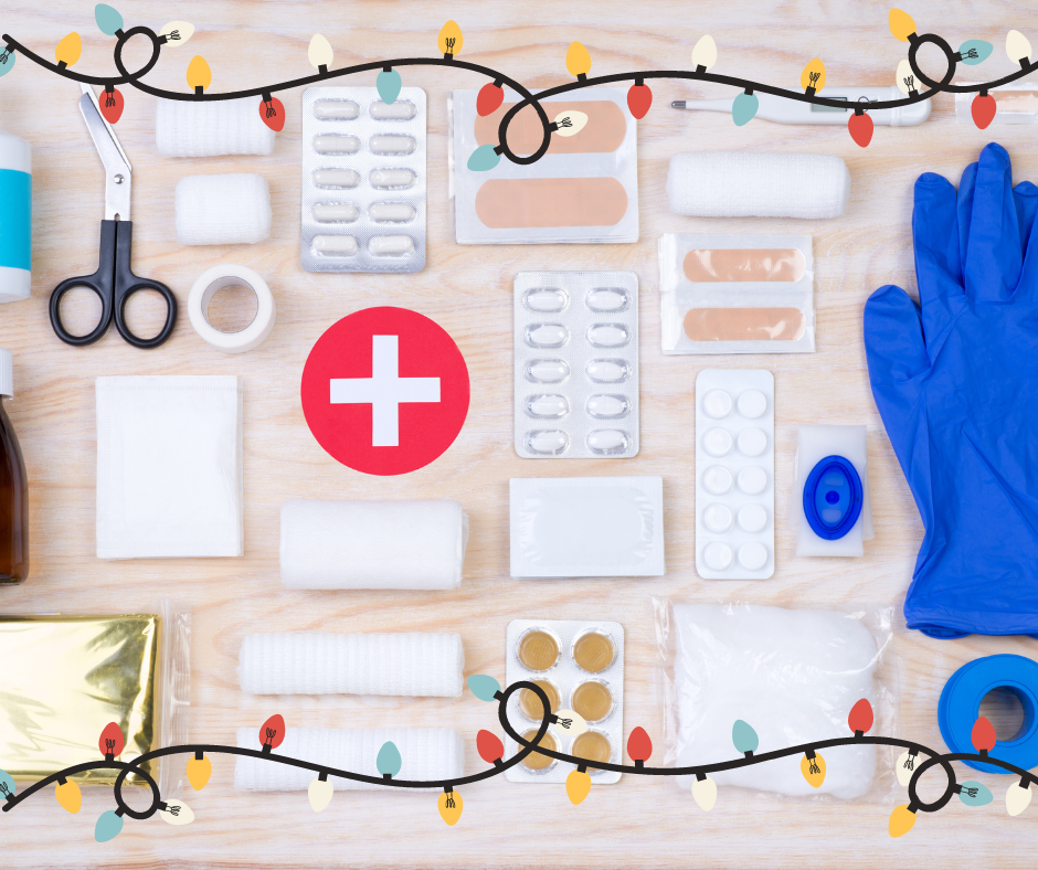 first aid kit contents with overlay of christmas lights