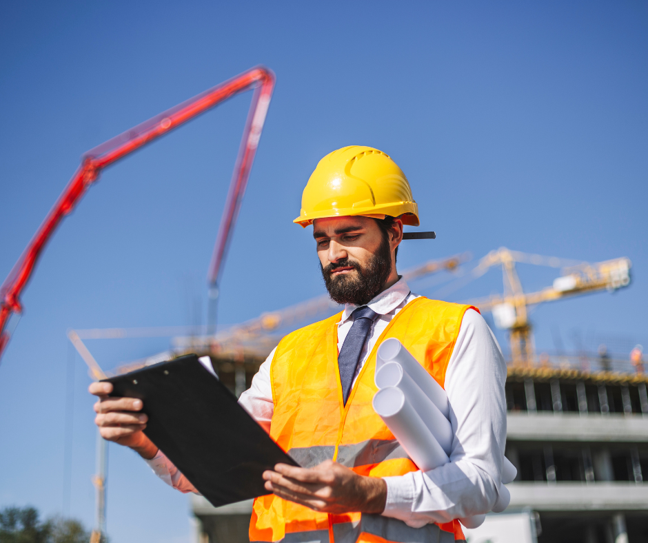 man on construction site holding clipboard