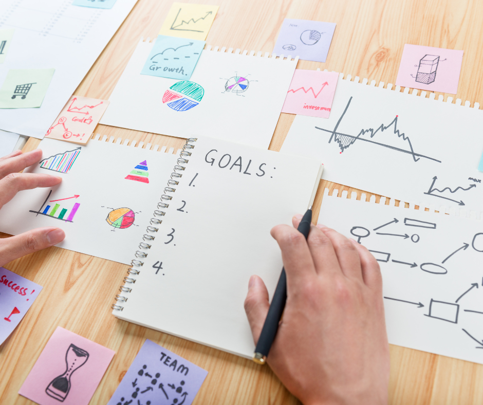 Notebook with 'goals'written on it surrounded by graphs