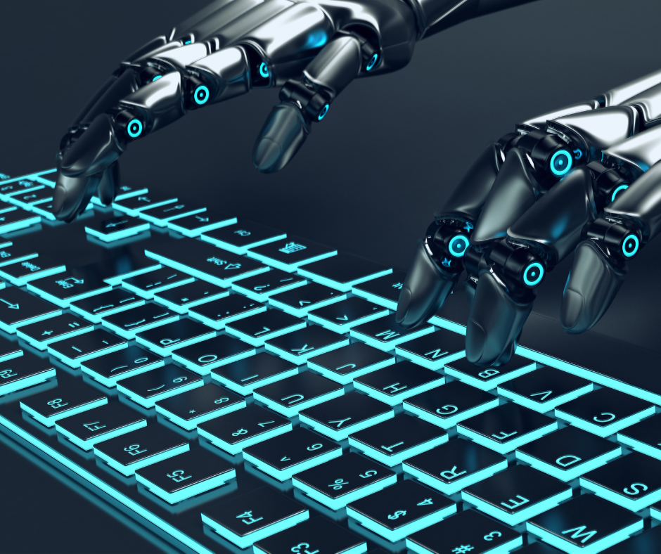 robot hands typing on a futuristic blue keyboard
