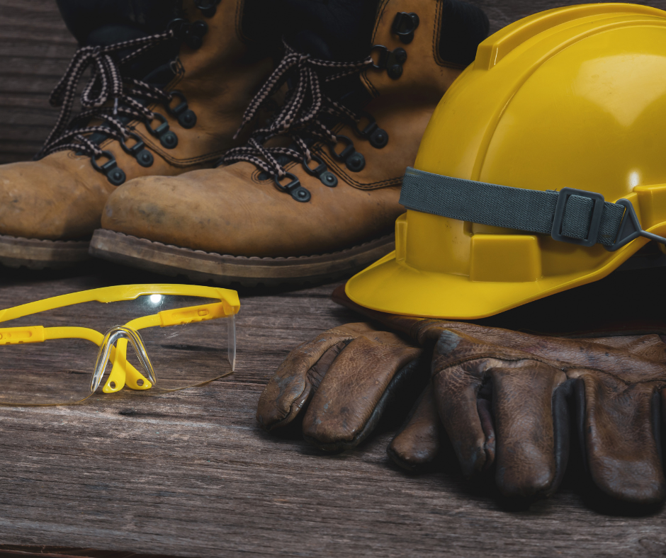 safety boots, glasses, gloves and hard hat