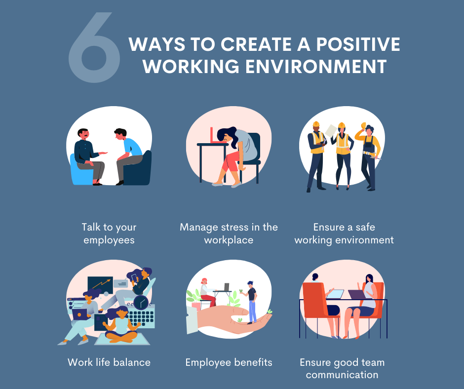 Infographic showing the 6 ways to create a positive working environment as described in the text